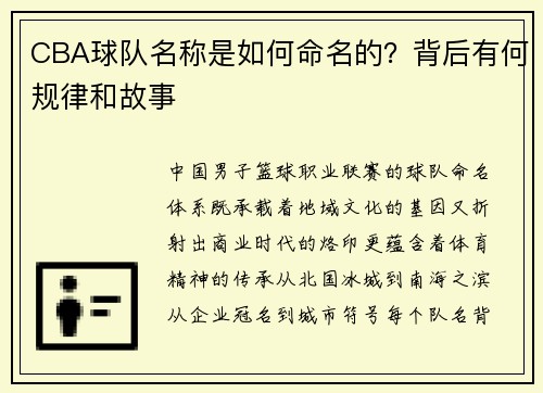 CBA球队名称是如何命名的？背后有何规律和故事